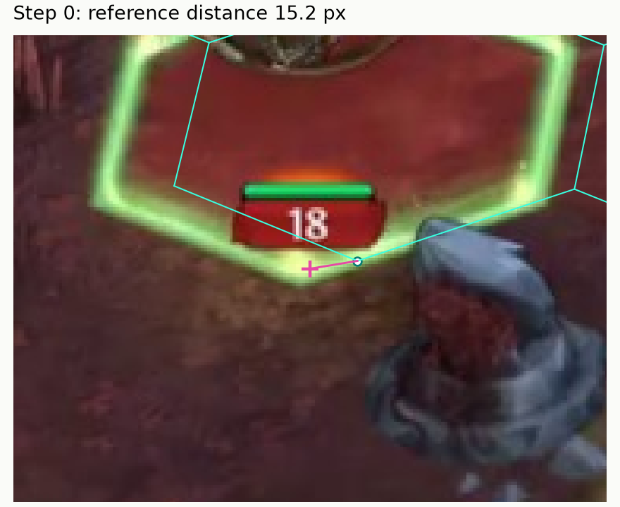 A better score moves a corner farther away: candidate grid and fixed manual reference at the selected update.