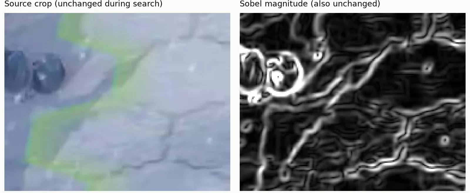 An unchanged snow-development crop beside its unchanged Sobel magnitude image.