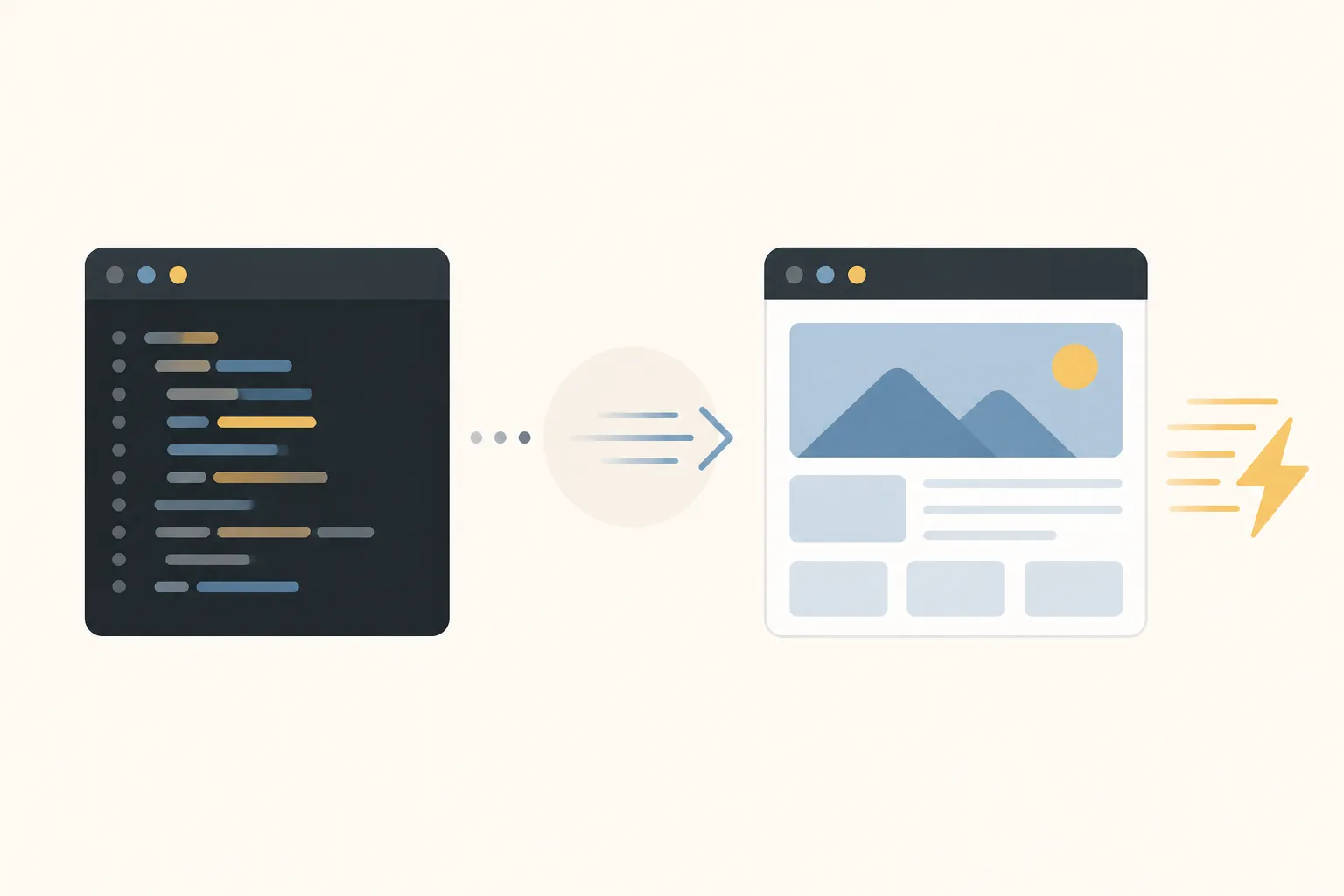 An abstract illustration showing code flowing into a fast static website.